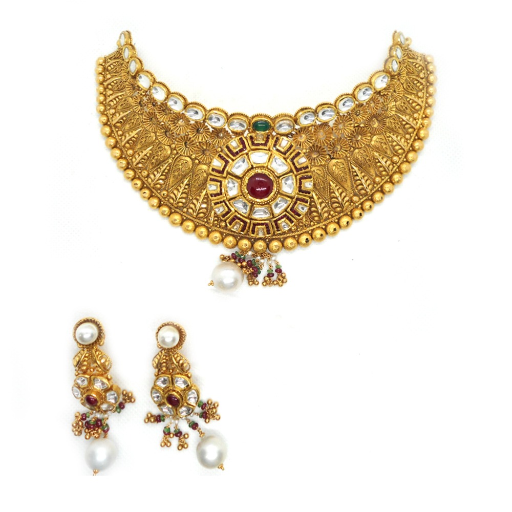 916 Gold Antique Bridal Necklace Set RHJ-3383 - Image 2
