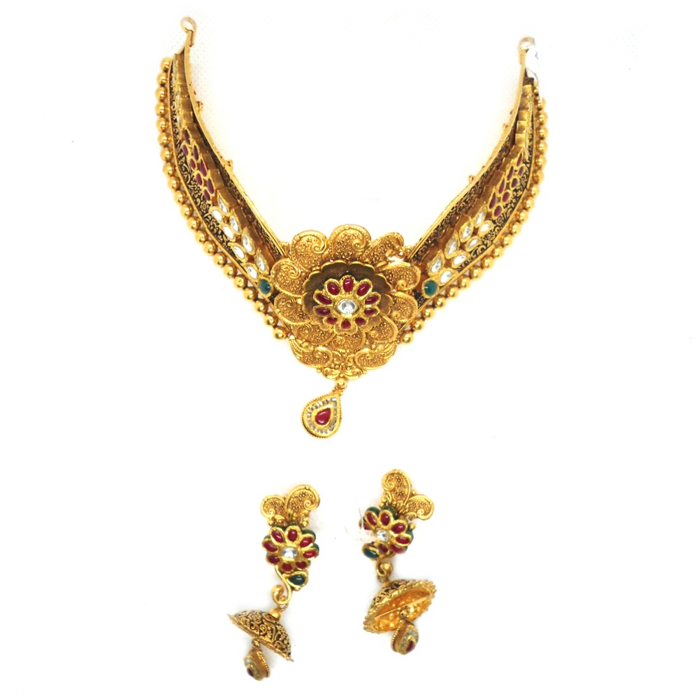 916 Gold Antique Bridal Necklace Set RHJ-3038 - Image 2