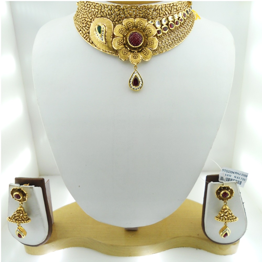 916 Gold Antique Bridal Necklace Set RHJ-3308 - Image 2