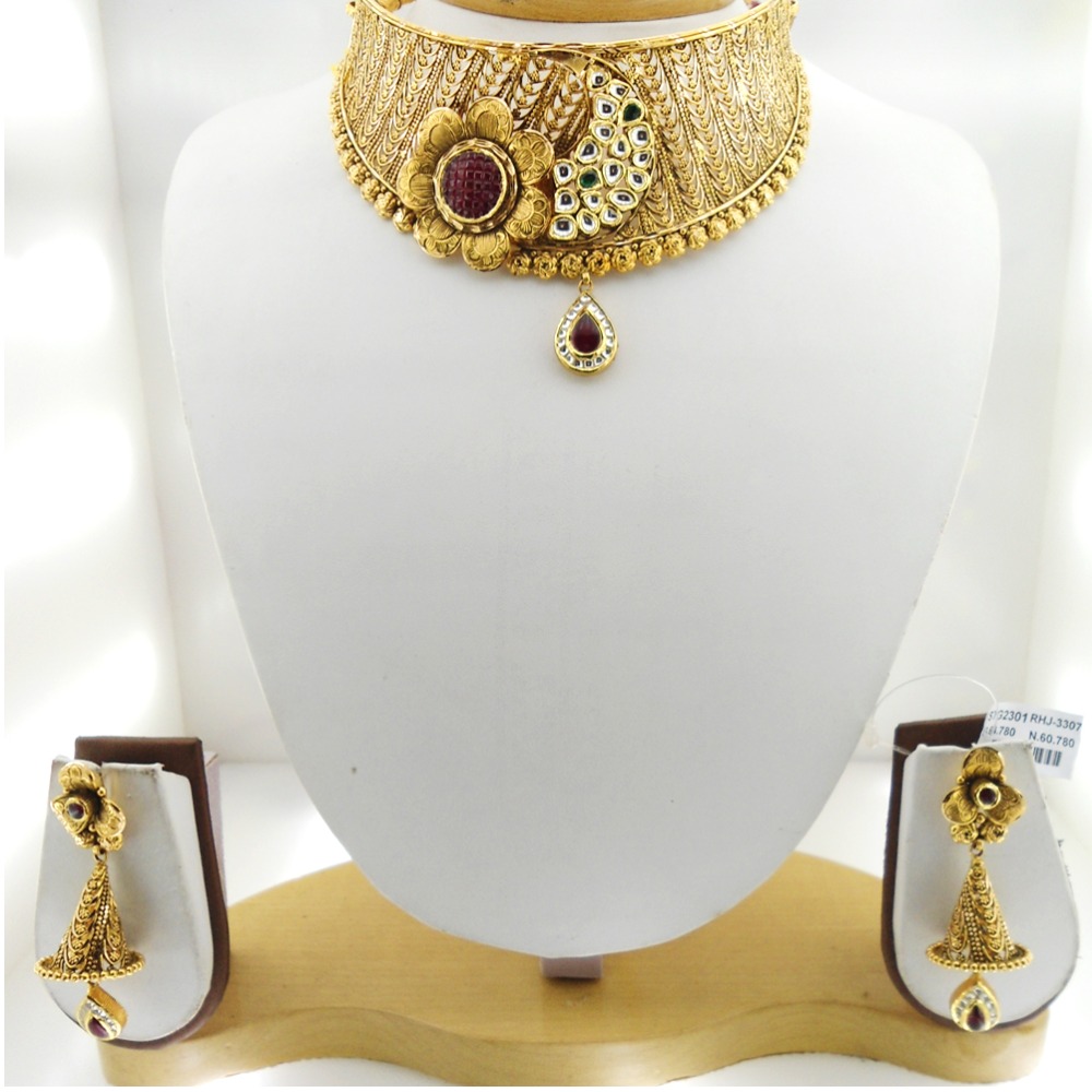22KT Gold Antique Bridal Necklace Set RHJ-3307 - Image 2