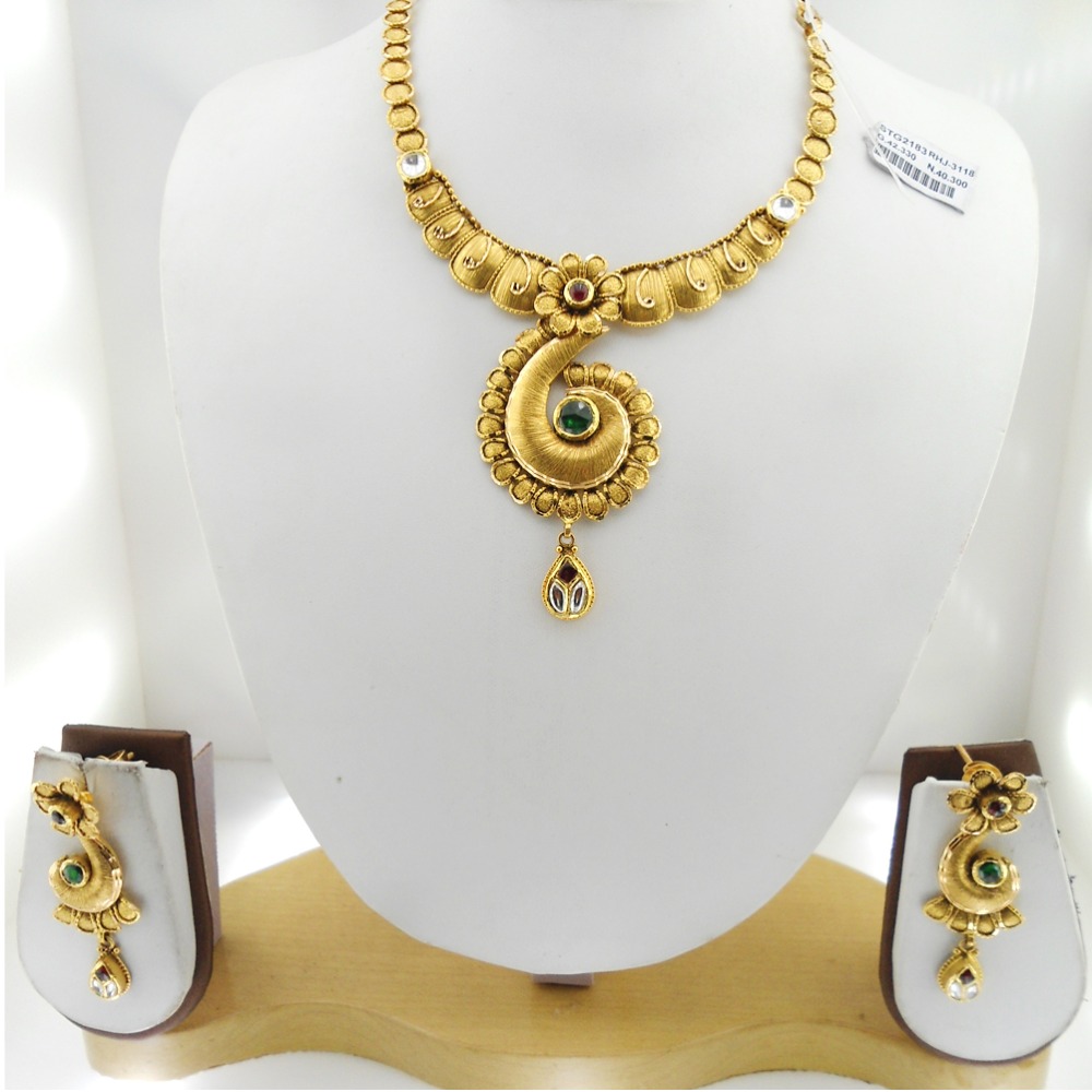 22KT Gold Antique Bridal Necklace Set RHJ-3118 - Image 2