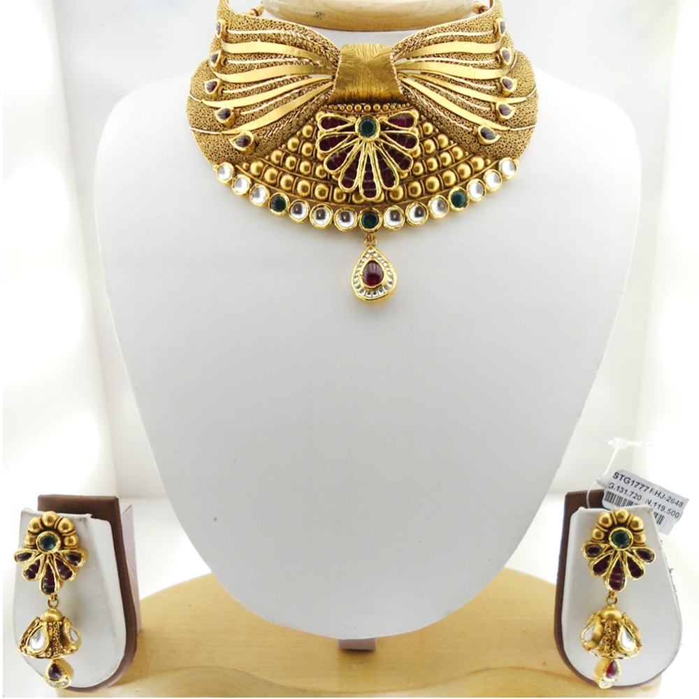 22KT Gold Antique Bridal Necklace Set RHJ-2648 - Image 2