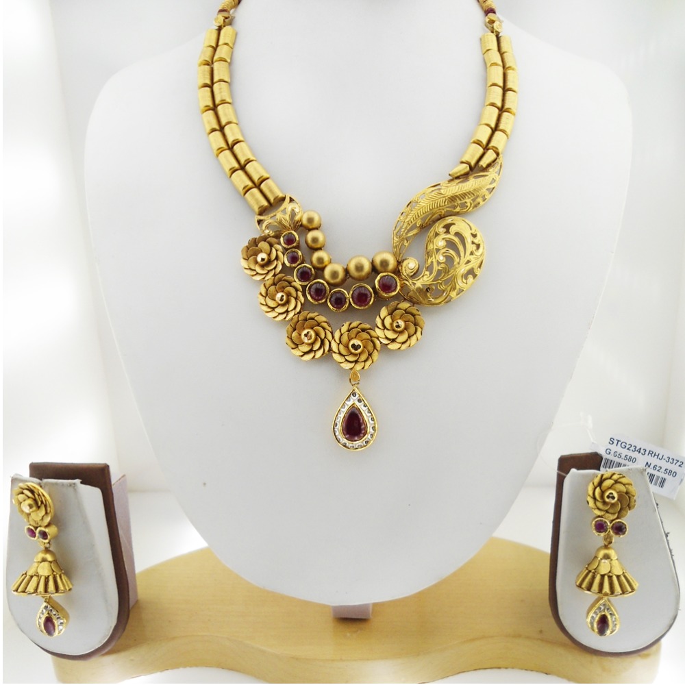 22KT Gold Antique Bridal Necklace Set RHJ-3372 - Image 2