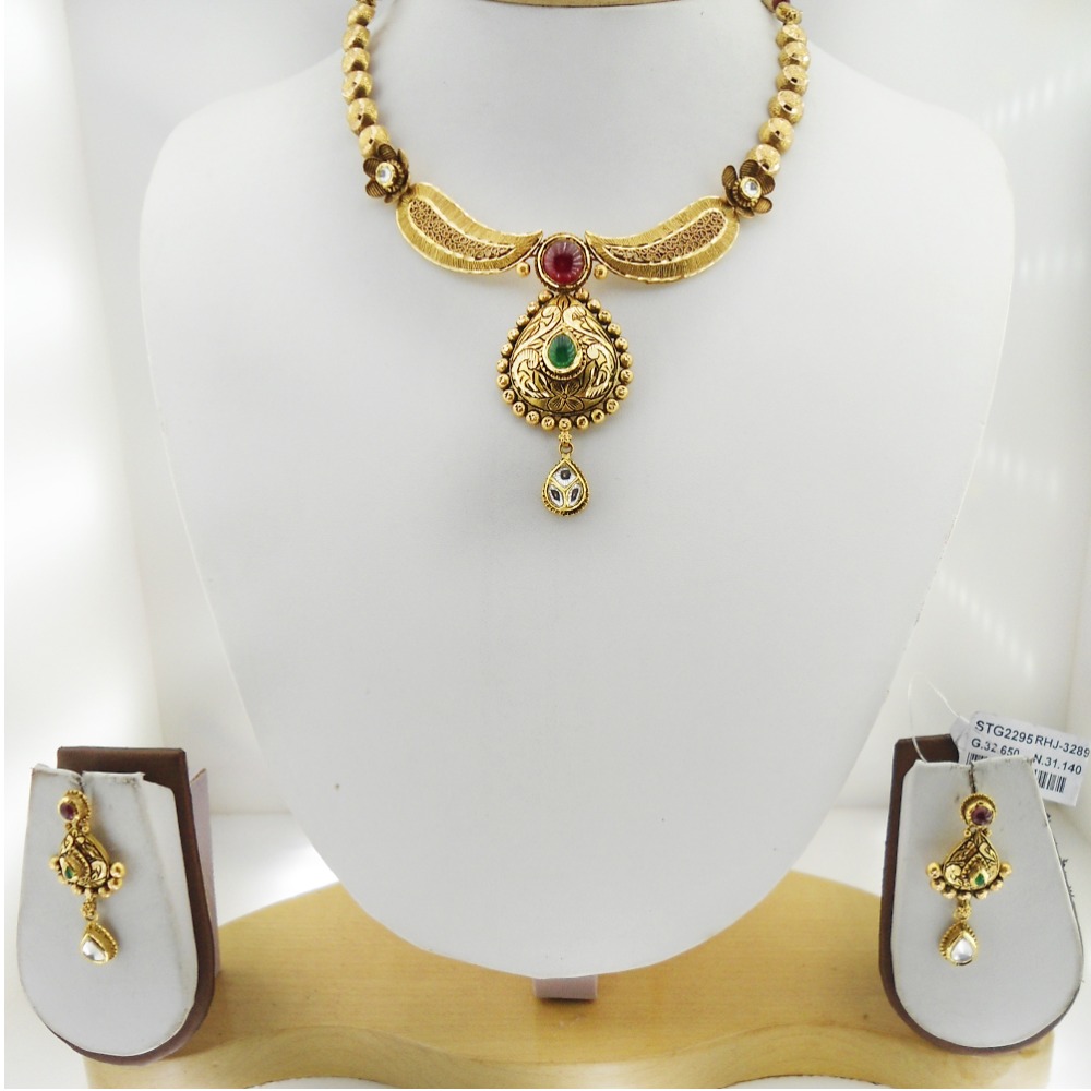22K Gold Antique Bridal Necklace Set RHJ-3365 - Image 2
