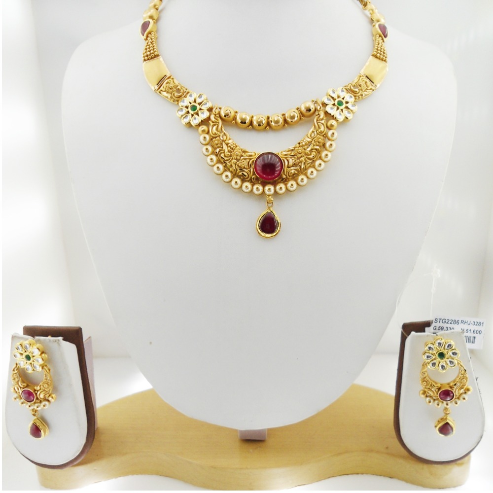 22K Gold Antique Bridal Necklace Set RHJ-3281 - Image 2