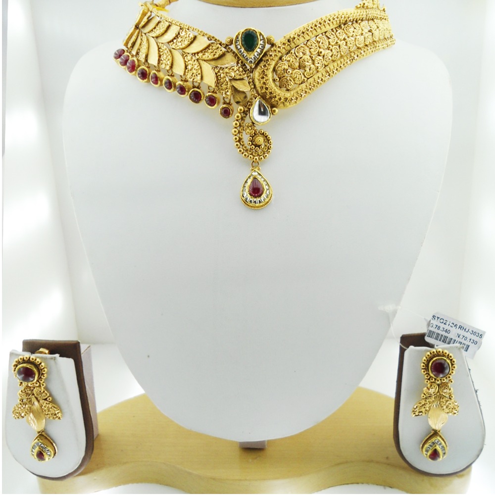 916 Gold Antique Bridal Necklace Set RHJ-3035 - Image 2