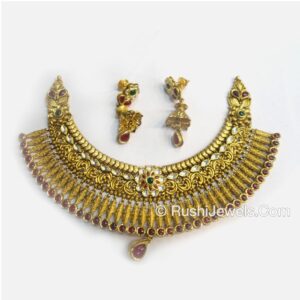 916 antique gold bridal choker necklace and earring set designs