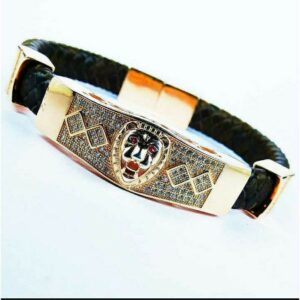 Fancy 925 Silver Gents Leather Bracelet With Lion Face