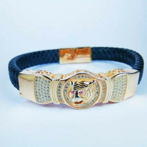 Fancy 925 Silver Gents Leather Bracelet With Tiger Face