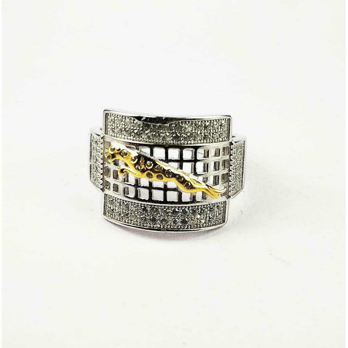 Fancy 925 Silver Gents Ring With Golden Jaguar