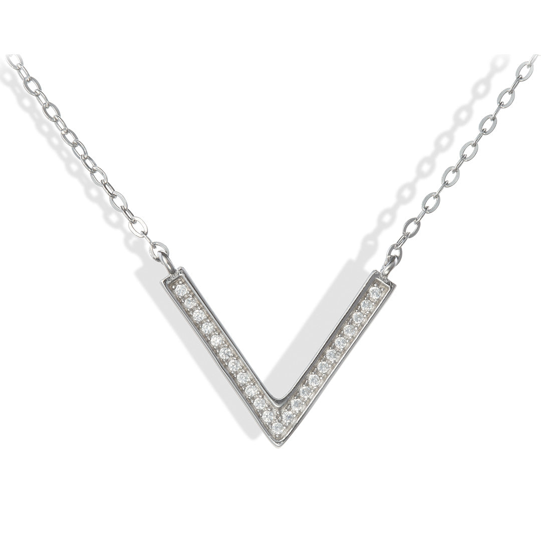 Silver and cubic zirconia v-shape necklace.