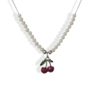 Silver and white jade necklace with cherry charm.