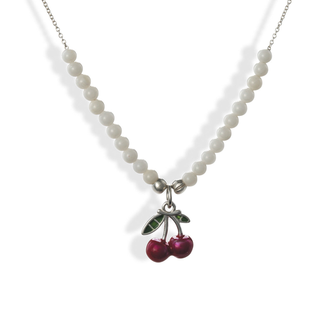 Silver and white jade necklace with cherry charm.
