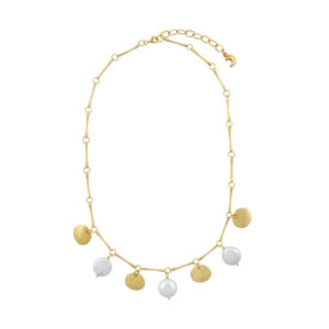River Stone Yellow Gold Bone, Disc & Pearl Necklace