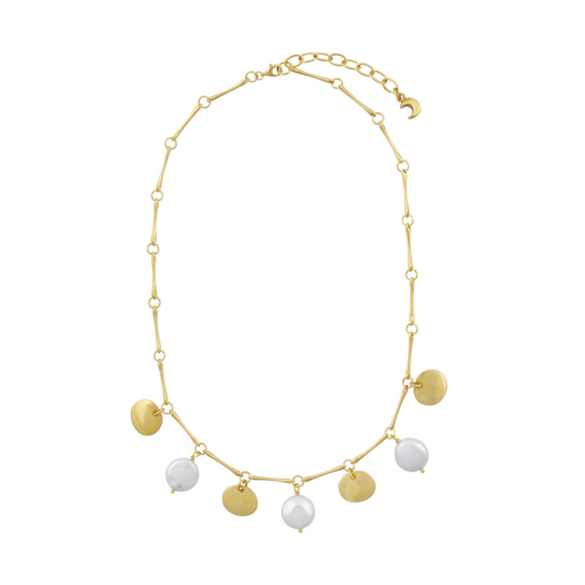 River Stone Yellow Gold Bone, Disc & Pearl Necklace