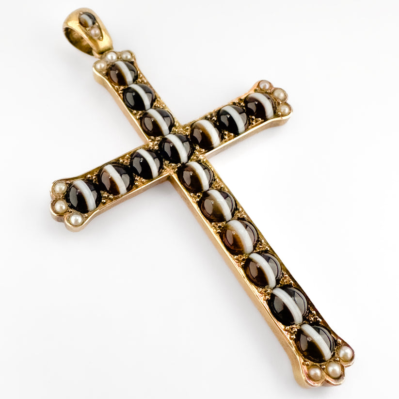 Victorian Antique Banded Agate and Pearl Cross Pendant