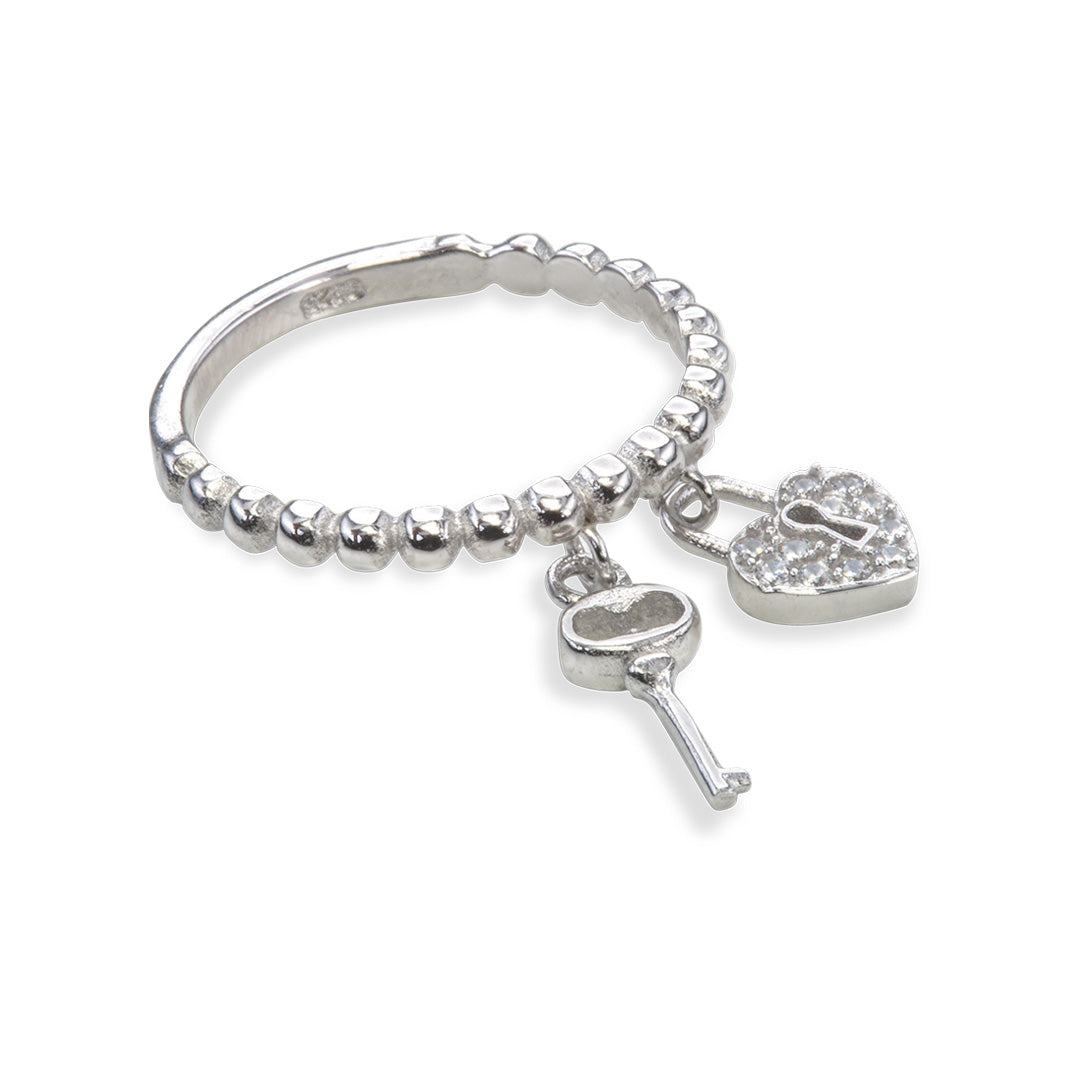 Silver and cubic zirconia ring with key and lock charms.