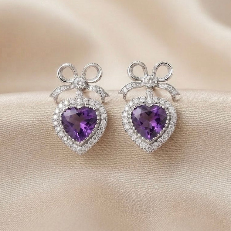 Vintage 20cts Heart Shape Amethyst and Diamond Cluster Bow Drop Earrings