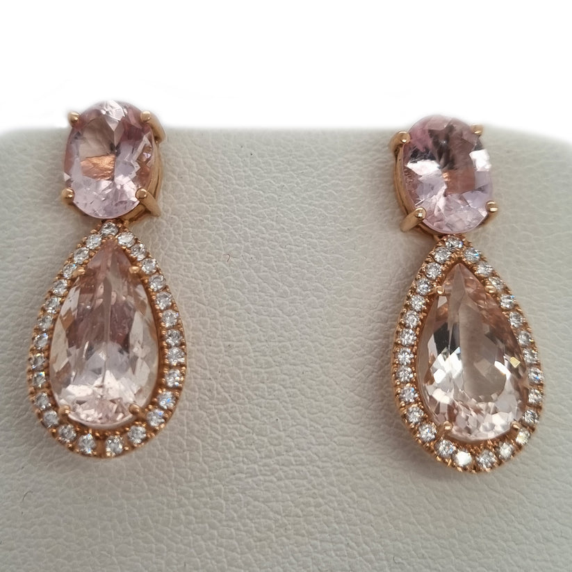 6.98 Pear Cut Morganite and Diamond Cluster Drop Earrings in Rose Gold