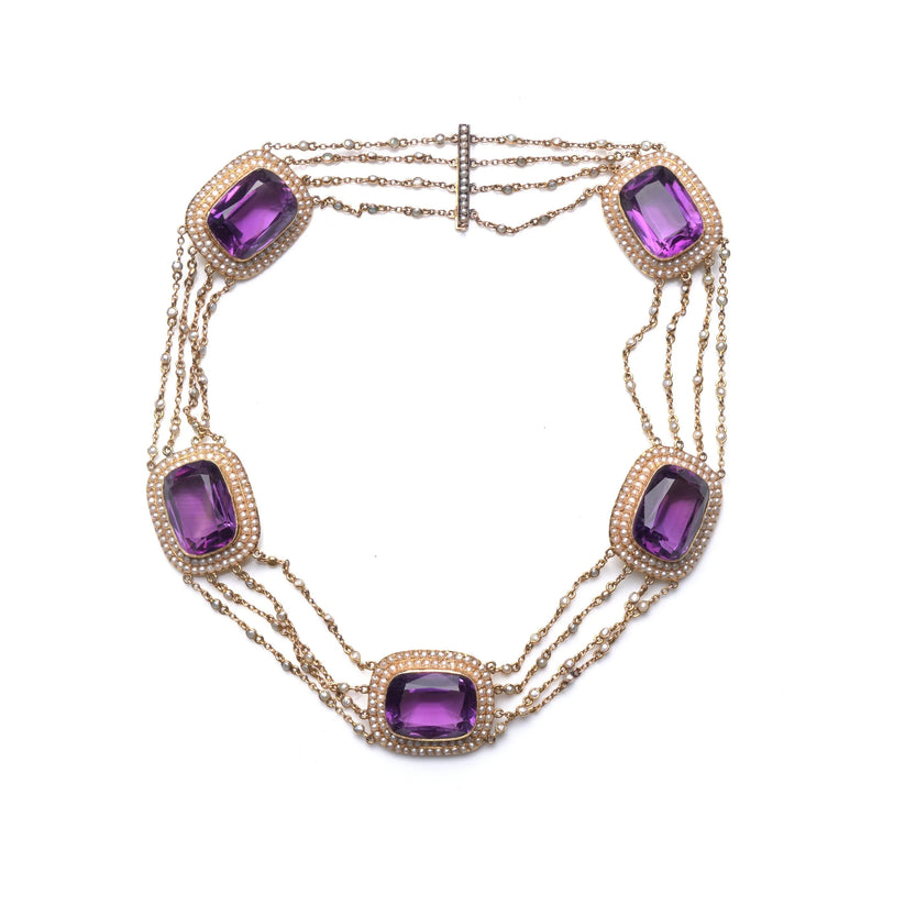 Victorian Natural Pearl And Amethyst Necklace in 14 ct Gold