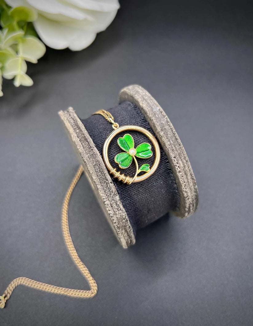 Antique 15 ct Gold, Edwardian Green Enamel And Pearl, 3 Leaf Clover Shamrock Pendant