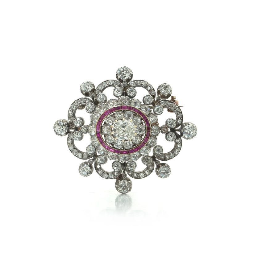 Antique Victorian Diamond And Ruby Brooch, 9 ct Gold And Silver
