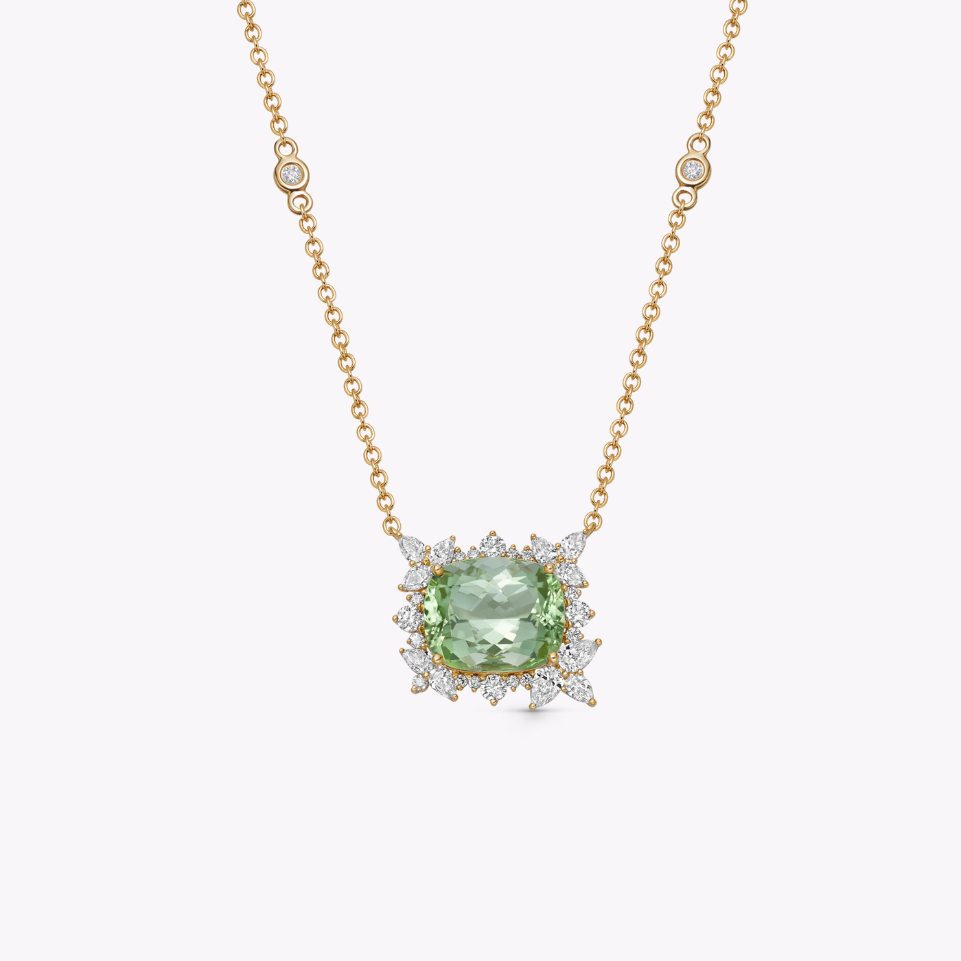 Thorns & Roses Cushion Light Green Tourmaline and Diamond Necklace
