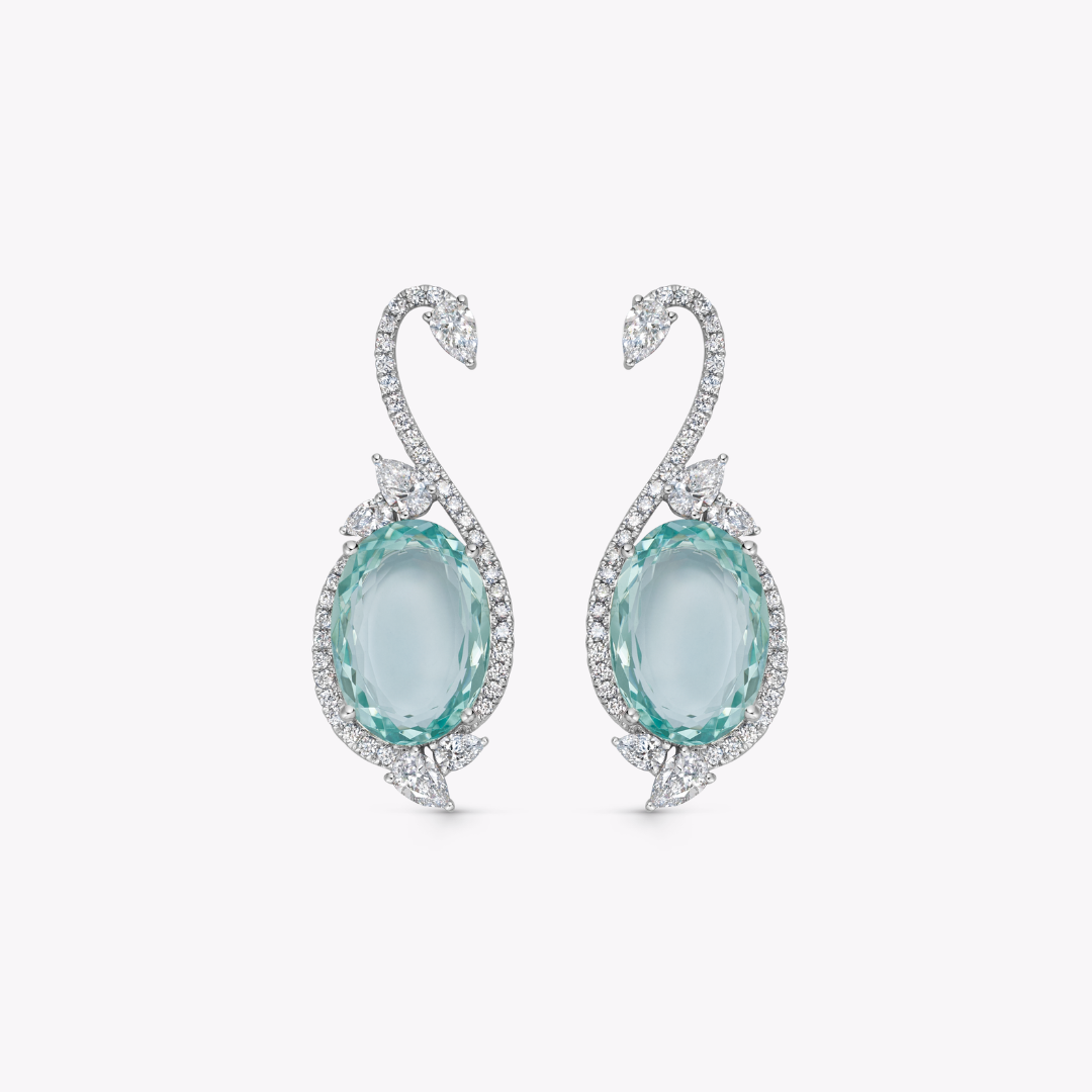 Wings Over Water Oval Green Beryl and Diamond Swan Earrings