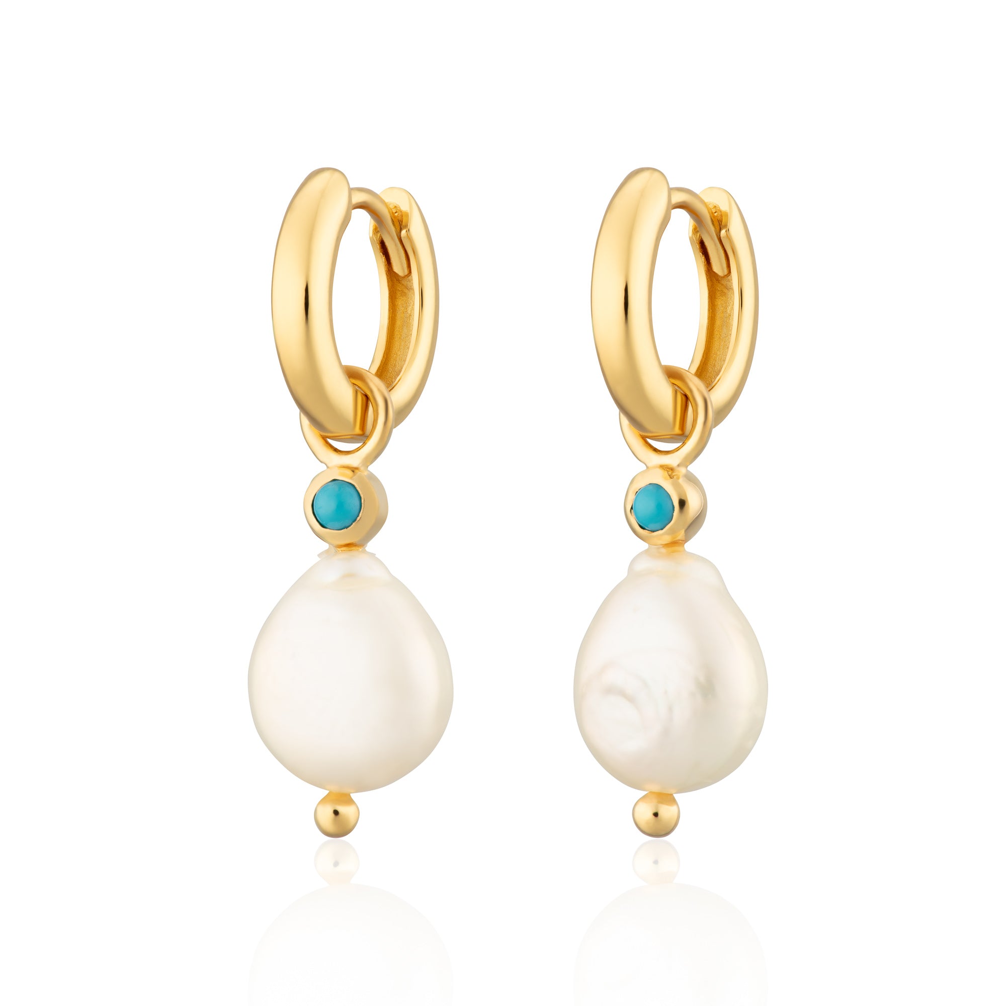 Gold Pearl and Turquoise Charm Hoop Earrings