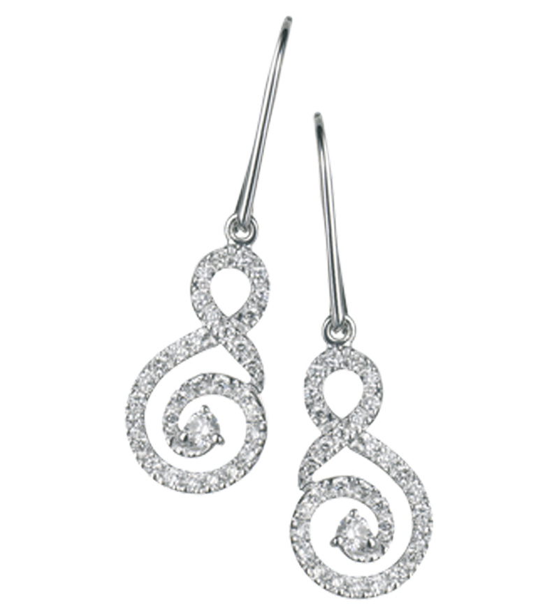Diamond Set Swirl Drop Earrings on French Wires in 18k White Gold