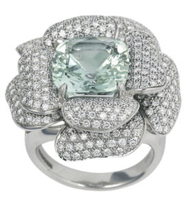 Green Beryl and Diamond Rose Dress Ring in 18K White Gold