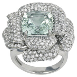Green Beryl and Diamond Rose Dress Ring in 18K White Gold