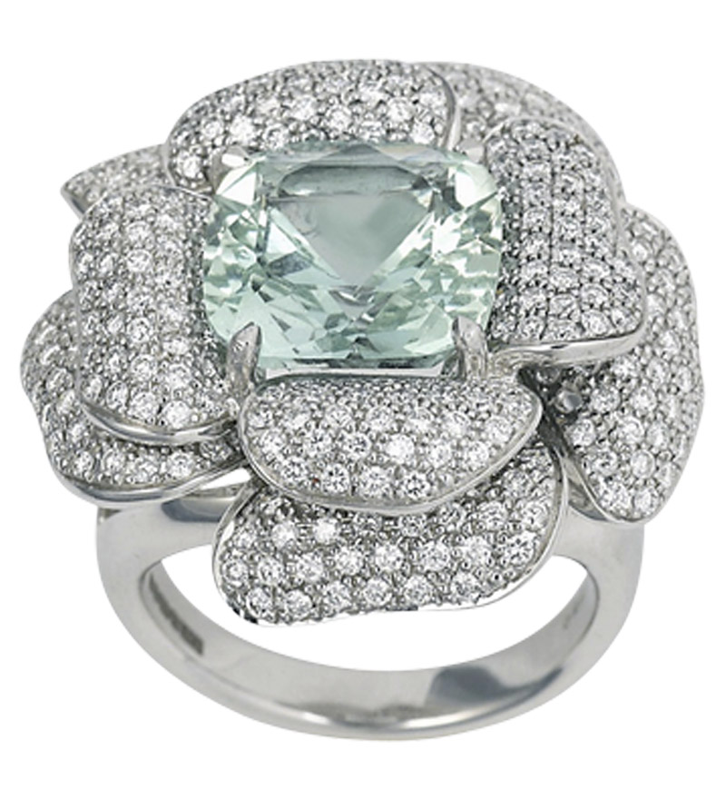 Green Beryl and Diamond Rose Dress Ring in 18K White Gold