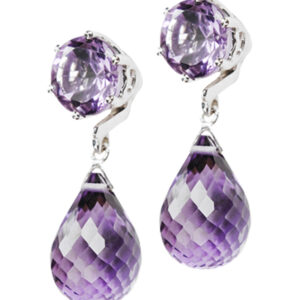 Round Amethyst Stud Earrings with Detachable Briolette Drops in 18k White Gold