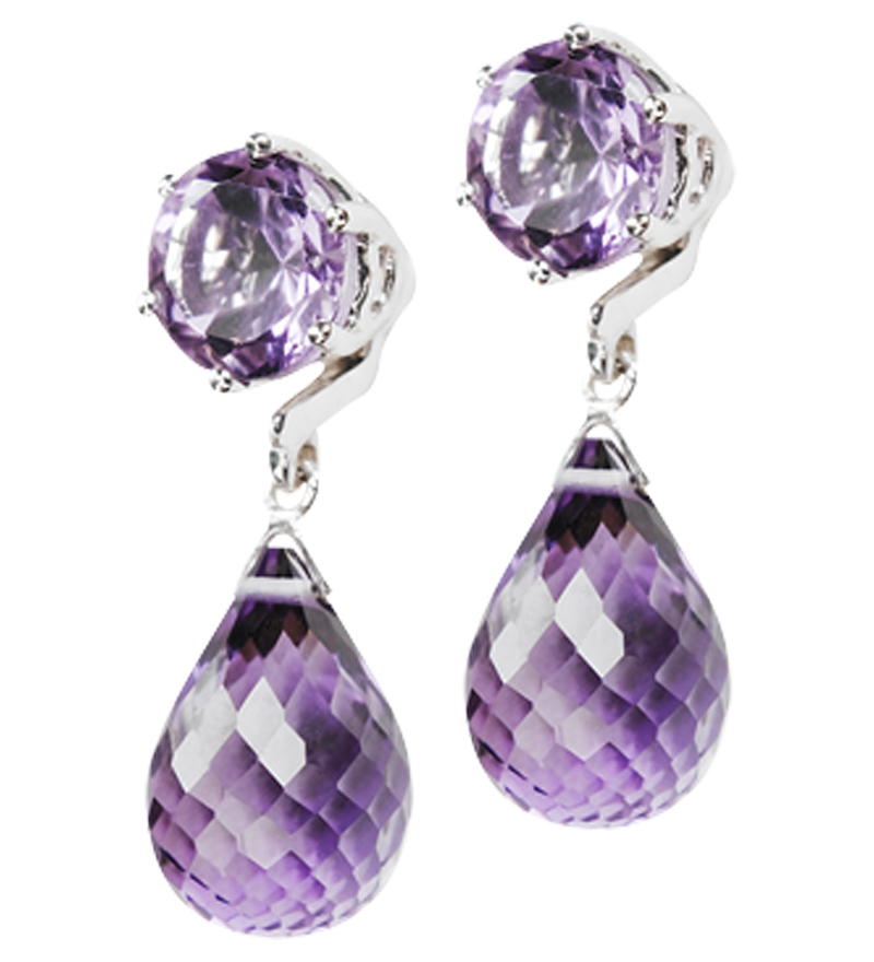 Round Amethyst Stud Earrings with Detachable Briolette Drops in 18k White Gold