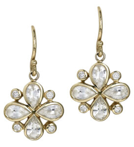 White Sapphire and Diamond Clover Earrings in 18k Yellow Gold