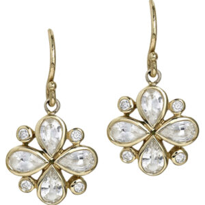 White Sapphire and Diamond Clover Earrings in 18k Yellow Gold