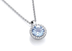 9ct White Gold Round Diamond Set Blue Topaz Pendant on Chain