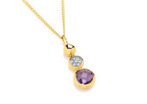 9ct Yellow Gold Amethyst Diamond Drop Pendant on Chain