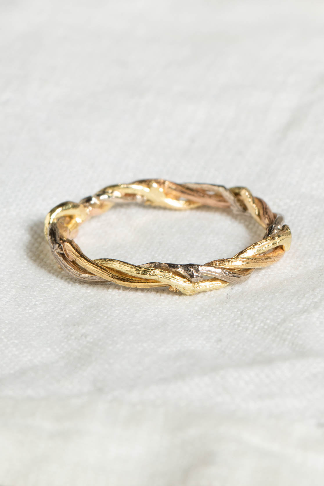 Twig Ring with Three Twisted Twigs in Solid 18ct Yellow, White and Rose Gold