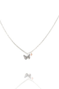 Sterling Silver or Gold Tiny Butterfly Necklace with Pink Flower