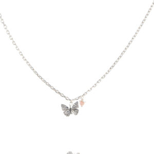 Sterling Silver or Gold Tiny Butterfly Necklace with Pink Flower
