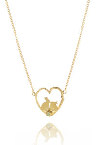 Kissing Bunny Rabbits In A Heart Necklace (Sterling Silver with Peridot)