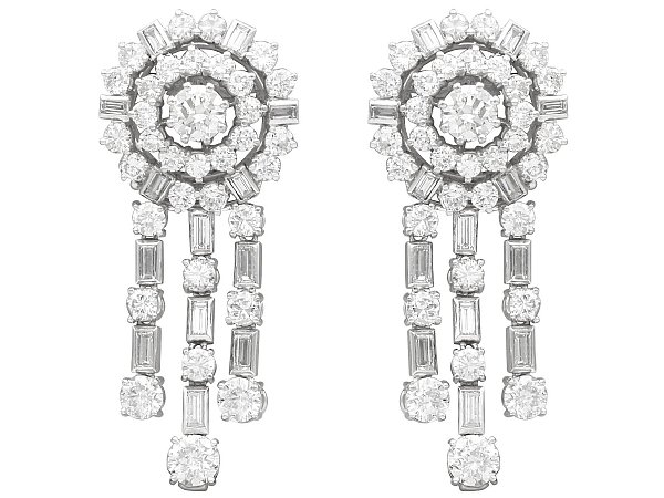 13.96ct Diamond and 18ct White Gold Drop Earrings - Vintage Circa 1960