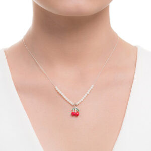 Silver and white jade necklace with cherry charm.