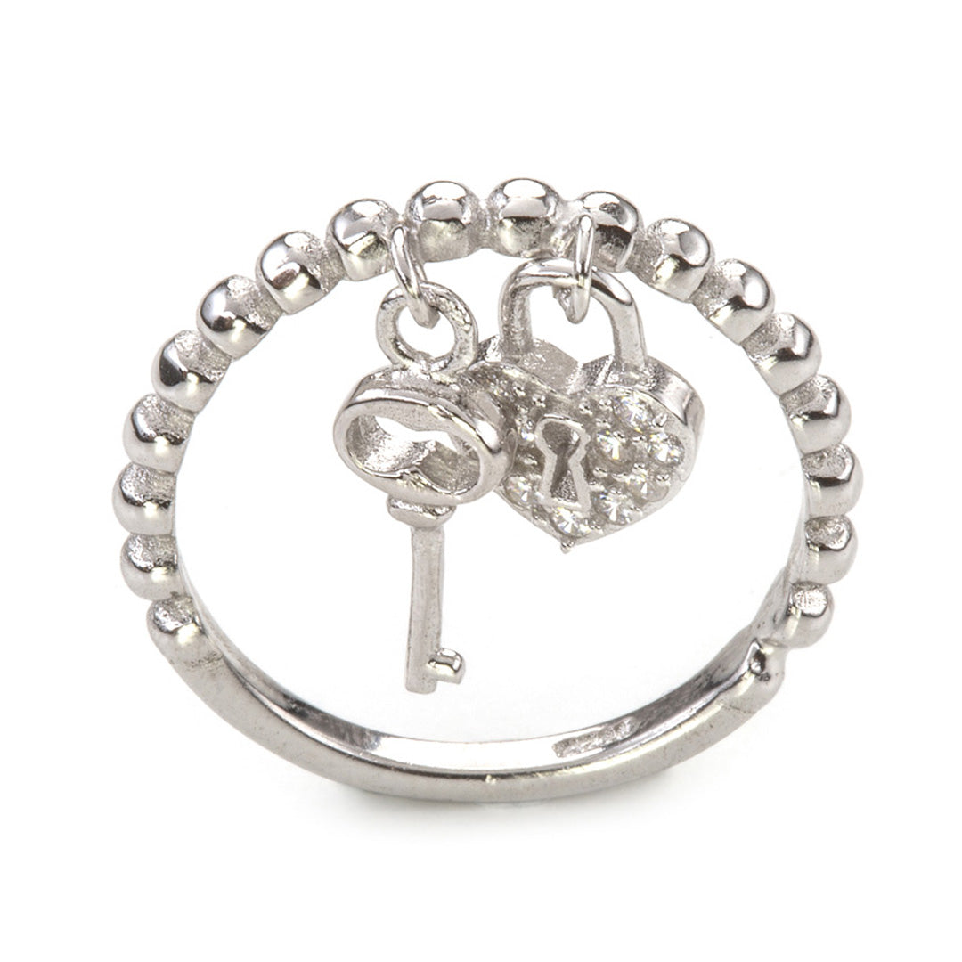 Silver and cubic zirconia ring with key and lock charms. - Image 2