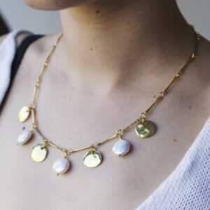 River Stone Yellow Gold Bone, Disc & Pearl Necklace