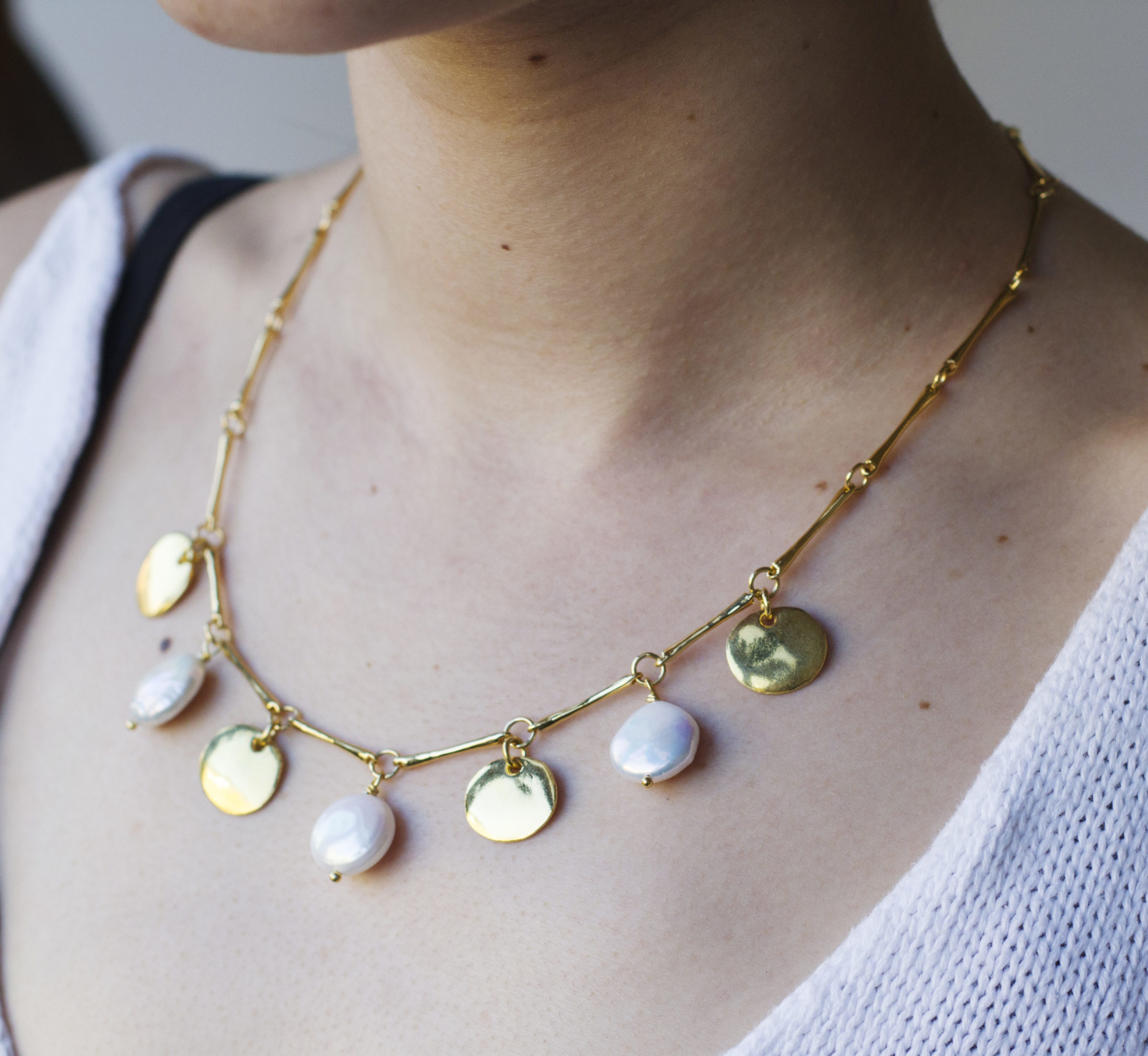 River Stone Yellow Gold Bone, Disc & Pearl Necklace - Image 3