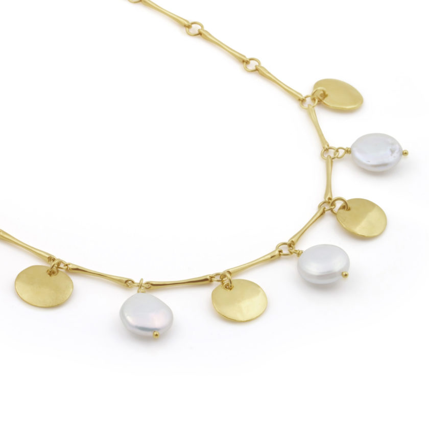 River Stone Yellow Gold Bone, Disc & Pearl Necklace - Image 2