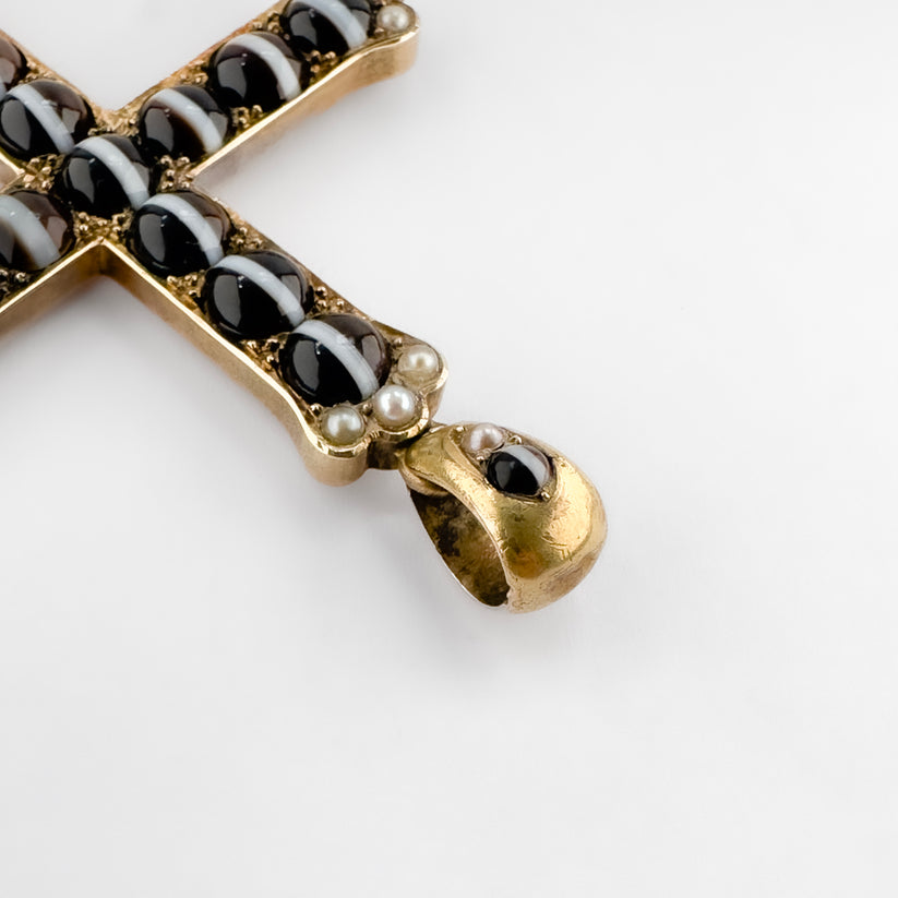 Victorian Antique Banded Agate and Pearl Cross Pendant - Image 2